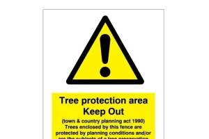 Tree Preservation Orders Signage - Yellow triangle warning and details written below.